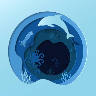 Yunus, mürekkep balığı, ahtapot, yengeç, denizyıldızı ve fener balıklarıyla kesilmiş kağıtta okyanusun vektör ilüstrasyonu. Dünya okyanus günü için uygun.