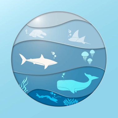 Vector illustration of ocean  with turtle, sting ray, shark, jelly fish, sperm whale, and viper fish. Suitable for world ocean day clipart