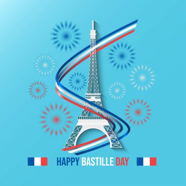 Bastille Günü için Eyfel Kulesi, Fransa bayrağı ve havai fişek gösterimi.