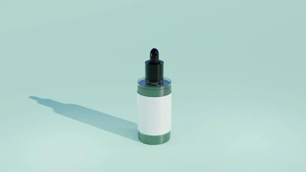 三维渲染一个透明的滴水瓶 带有黑色的帽子和白色的包裹 适用于模拟化妆品及护肤产品 — 图库照片