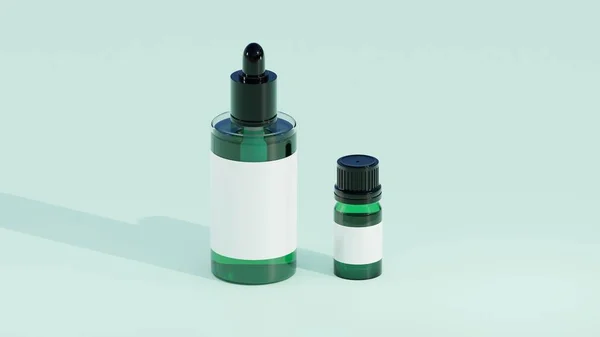 三维渲染透明的滴水瓶和小瓶子 带有黑色的帽子和白色的包装 适用于模拟化妆品及护肤产品 — 图库照片