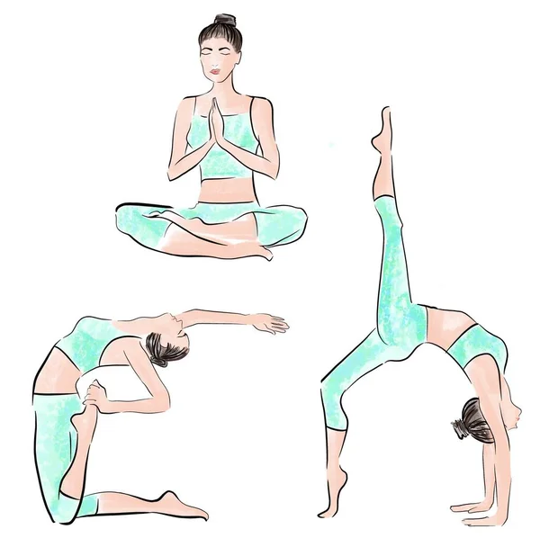 Yoga Workout Auf Weißem Hintergrund Drei Verschiedene Posen Junge Frau — Stockfoto