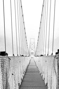 Kış sisi içinde süspansiyon köprüsü. Drumheller Alberta, Kanada.