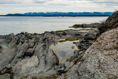 Spring Beach 'te kaya oluşumları ve göletler. İnek Başı, Newfoundland, Kanada