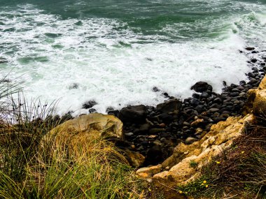 Dalgalar kıyıya vurur. Taranaki Sahili, Taranaki, Yeni Zelanda