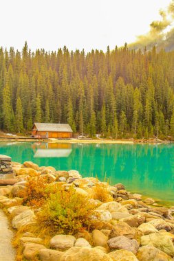 Louise Gölü 'nün çarpıcı yeşil suları. Banff Ulusal Parkı, Alberta, Kanada