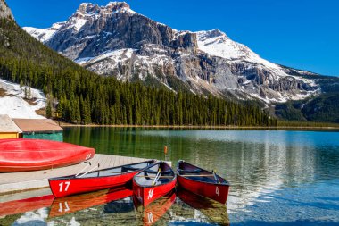 Zümrüt Gölü 'ndeki kanolar. Yoho Ulusal Parkı. British Columbia, Kanada.