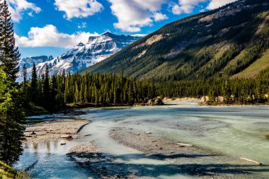 Bow Nehri arka taraftaki Icefields Parkway 'de geziniyor. Banff Ulusal Parkı, Alberta, Kanada