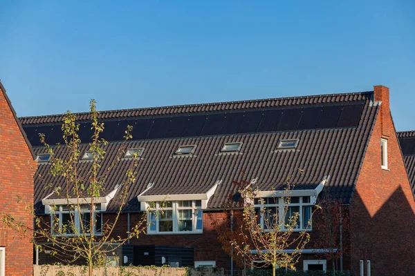 Güneşli bir günde evlerin çatısındaki güneş panelleri