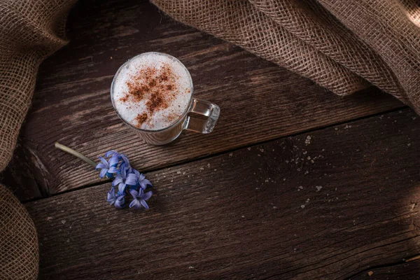 Glass Latte Macchiato Wooden Background Blue Flowers — Stock Photo, Image