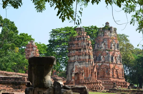 Des Chedis Penchés Chez Wat Phra Mahathat Ayutthaya — Photo