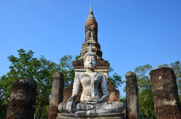 Wonderful White Buddha Sitting Front Chedi Wat Traphang Ngoen Sukhothai — Stock Photo, Image