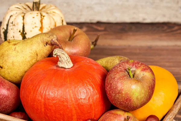 Тыква и яблоко как осенние фрукты на столе — стоковое фото