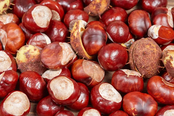 Chestnuts on a wooden table as autumn background — Stock Photo, Image