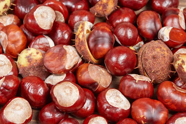 Castagne su un tavolo di legno come sfondo autunnale — Foto Stock