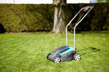 Biçme sonra bahçede çim biçme makinesi