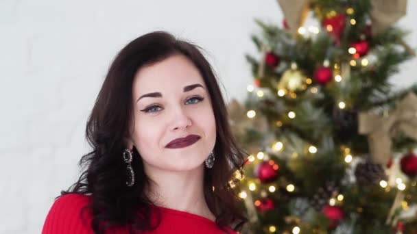 Schöne Mädchen lächelt, während sie in der Nähe des Weihnachtsbaums steht. Neujahr. Sie ist sehr schön und attraktiv. — Stockvideo