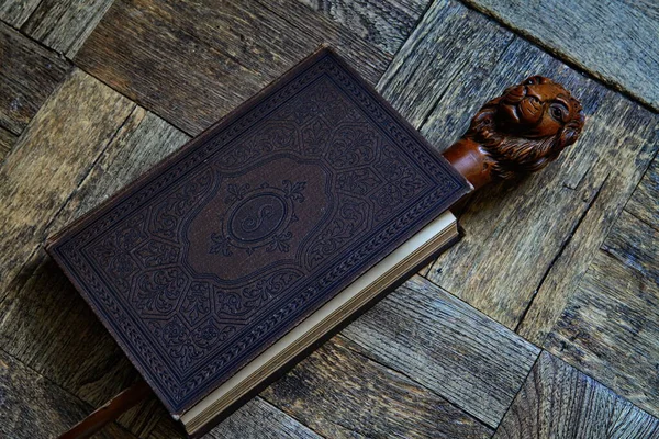 Eski bir kitap ve aslan şeklinde bir yer imi.