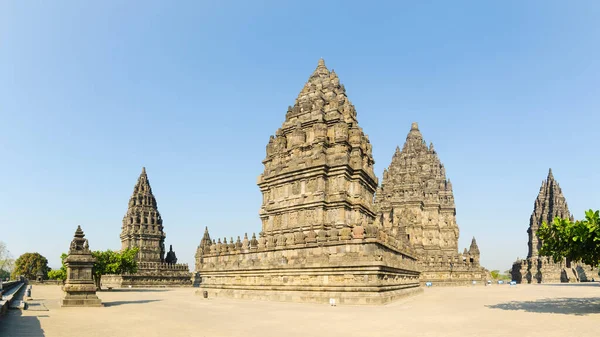 Panoráma Kilátás Ősi Régészeti Lelőhely Prambanan Hindu Templomok Sztúpák Yogyakarta — Stock Fotó
