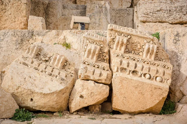 Carved decors and Roman architecture in limestone in the ancient temple of Bacchus, Jupiter-Baal heritage site, Baalbek, Beqaa Valley, Lebanon