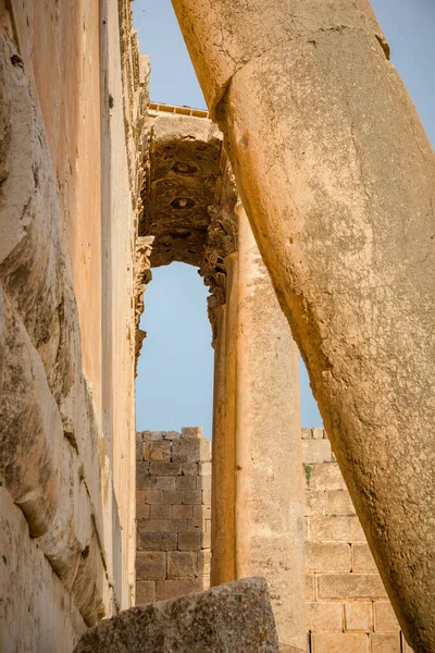Decoración Tallada Arquitectura Romana Piedra Caliza Antiguo Templo Baco Patrimonio — Foto de Stock