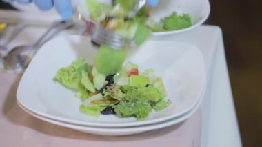 Şef tabağa lezzetli salata ekliyor.