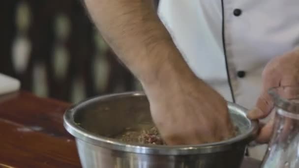 Cocina Chef Trabajando Con Una Carne Picada — Vídeo de stock