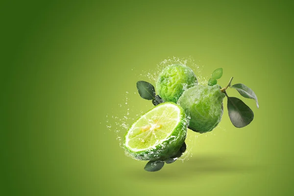 Voda stříkající na Bergamot ovoce na zeleném pozadí — Stock fotografie