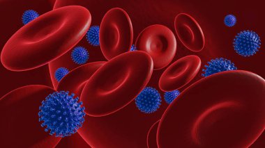Coronavirus 2019-nCov ve kırmızı kan hücreleri 3D.