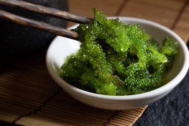 Oval deniz üzümleri deniz yosunu, koyu arkaplanda yeşil havyarı kapatın..