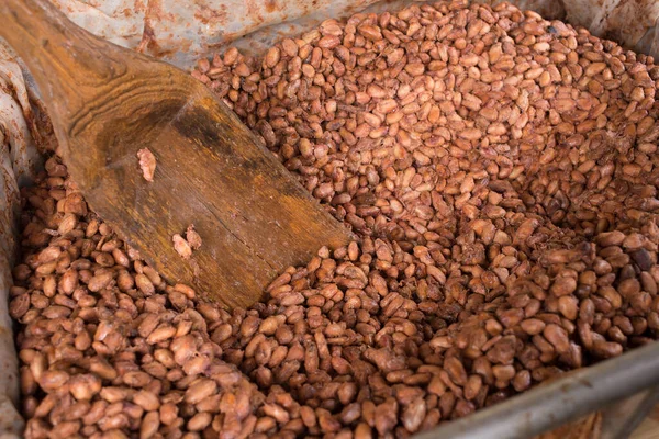 Fermented Fresh Cocoa Beans Lying Wooden Box — Stock Photo, Image