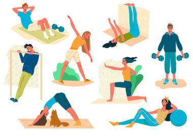 Covid19 salgını sırasında evde spor yapan bir grup insan. Erkek ve kadın spor egzersizleri, fitness, yoga, halterleri kaldırmak, pompa presi, barfiks çekmek. Çizgi film Düz Vektör Çizimi