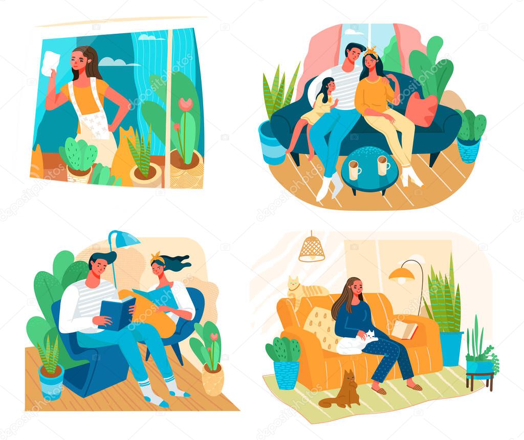 Collection scene with people, who stay at home, self-isolation during Covid 19 Pandemic.People at relaxed pace, cleaning at home, reading the books, playing with cats.Cartoon Flat vector illustration