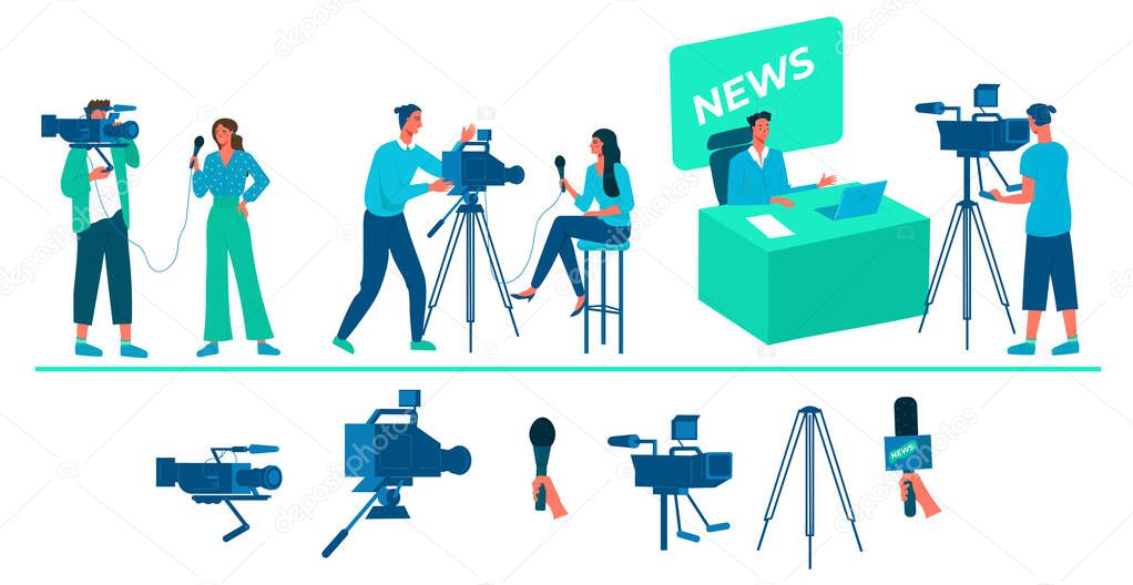 A collection of people who shoot news, television reports. Professional video cameras and microphones, shooting equipment. TV presenters and TV operators. Flat vector illustration concept.