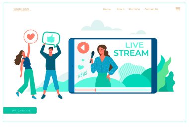 Çevrimiçi görüntülü sohbet uygulaması, internet sohbeti, arama teknolojisi modern düz vektör illüstrasyon kavramı. Konuşan kadın ve mesajları olan video oynatıcı penceresi. İniş sayfası.