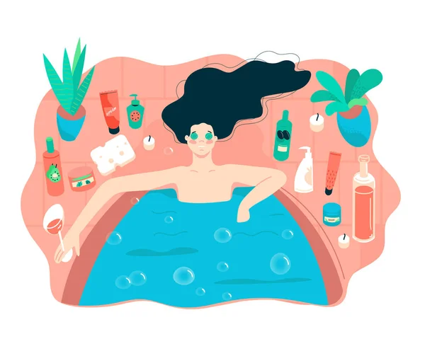 顔とボディケアの概念フラットベクトルイラスト お風呂の中の若い女性は リラックスして一人で楽しんでいます 手描きベクトルセット各種化粧品分離 — ストックベクタ