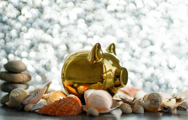 Gouden Spaarvarken Schelpen Een Zilveren Achtergrond Wazige Focus — Stockfoto