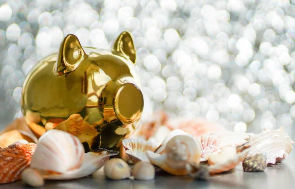 Gouden Spaarvarken Schelpen Een Zilveren Achtergrond Wazige Focus — Stockfoto