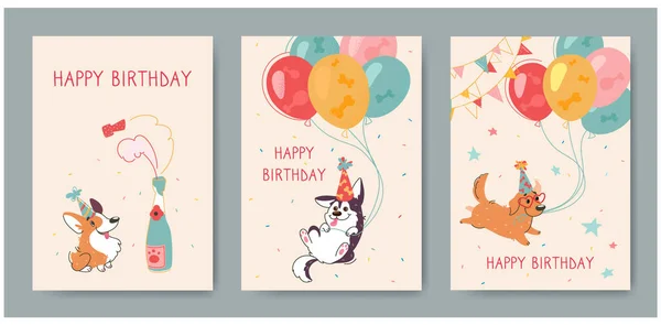 Komik Corgi, Husky ve Labrador 'lu doğum günü kartları. Şişme toplar, bej arka planda şampanya. Şirin hayvanlarla dolu vektör tebrik kartı, fabrika tekstili baskısı.