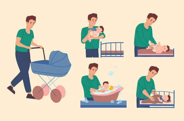 Papa zorgt voor de baby: hij loopt met een kind, verschoont de luier voor de baby, baadt hem in bad, voedt hem uit de fles en stopt hem in bed. Vader brengt tijd door met zijn zoon. Vector — Stockvector