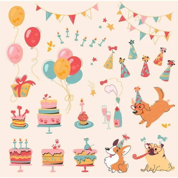 Vector set of Dog Birthday party and elements for design - σκυλιά, κέικ, κόκκαλα, σαμπάνια, γιρλάντες, βολβούς, καπέλα διακοπών και κέρασμα σκύλου. Διακοσμητικά στοιχεία σε στυλ κινουμένων σχεδίων, Corgi, Pug, Λαμπραντόρ — Διανυσματικό Αρχείο