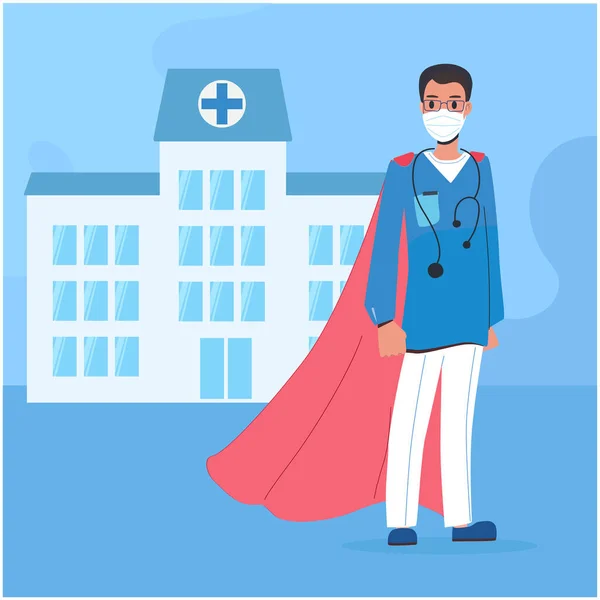 The doctor is a super hero, in the background of the hospital. The doctor has a red cloak, a medical mask. Doctors are fighting a pandemic of the coronavirus Covid-19. Vector in cartoon style — Stock Vector