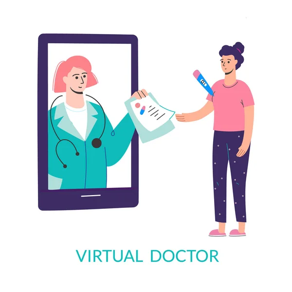 Sanal doktor. Akıllı telefonunu kullanarak hastalık izni al. Kendini izole etme, karantina, salgın hastalık. Gezici danışmanlık, akıllı tıbbi yardım. Modern teletıp, .çizgi film karakteri, vektör.