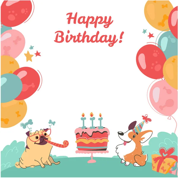 Komik köpeklerle doğum günü tebrik kartın kutlu olsun. Pug ve corgi, pasta, hediyeler, izole edilmiş beyaz arka planda renkli balonlar. Çizgi film tarzında bir vektör posteri. Üzerinde şenlikli bir yazı var..