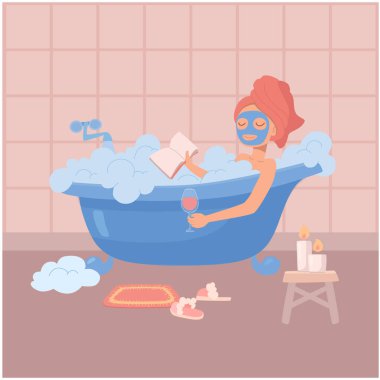Kadın banyoda aromalı mumlarla, bir bardak şarapla rahatlıyor. Kız evde kaldı ve köpükle banyo yapmaktan, kitap okumaktan zevk alıyor. Spa tedavileri, vektör, düz biçim, izole arkaplan