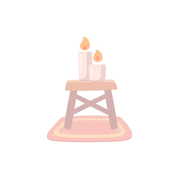 Bir taburede yanan mumlar. Hygge tarzı rahat tasarım ögesi. Vektör düz biçimi.