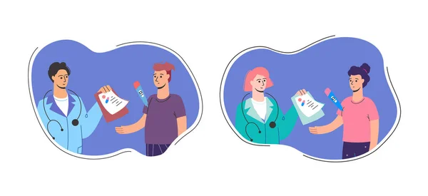 Hastalık iznini al. Doktor bir reçete yazıyor, karantina. Evdeki bir doktorun tıbbi yardımı çizgi film karakterleri, beyaz bir arkaplanda vektör çizimi: erkekler ve kadınlar..