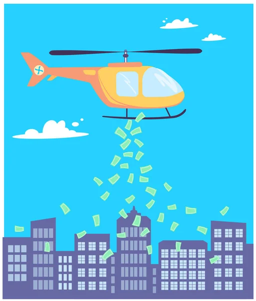 Para helikopterden şehre saçıldı. Kriz zamanlarında ekonomik sistemi desteklemek ve finans piyasalarının çökmesi için helikopter parası. Devletin para politikası. vektör