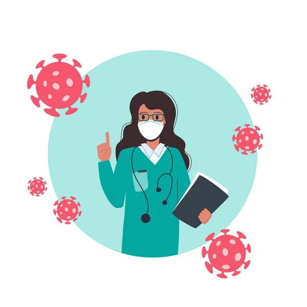 Tıbbi maskeli bir doktor koronavirüsün tehlikeleri hakkında uyarır. Virolog kadın işaret parmağını kaldırdı, elinde analizleri olan bir dosya vardı. Etrafında bakteriler var. Beyaz üzerine vektör
