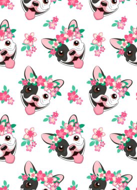 Pembe çiçekli komik siyah beyaz buldog 'lu kusursuz vektör deseni. Güzel bir köpek yavrusu ve narin çiçekli duvar kâğıdı izole edilmiş. Beyaz arka planda. Çocuklar resim yazdırır